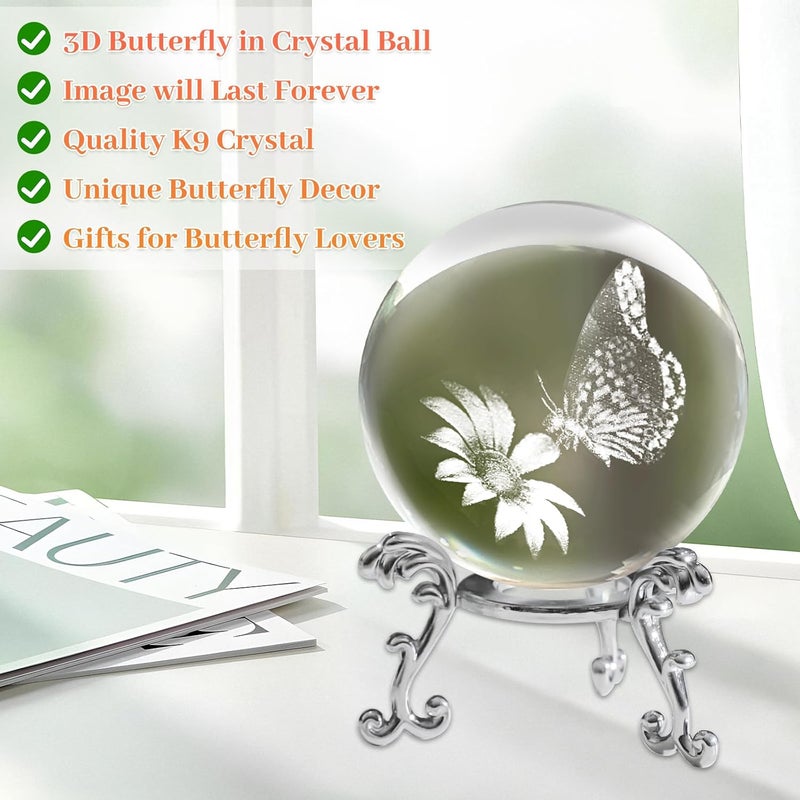 PYJ3DLAMP كرة كريستال فراشة ثلاثية الأبعاد مع قاعدة زجاجية محفورة بالليزر كهدية زخرفية للفراشة - Image 3